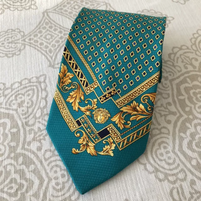 Vintage GIANNI VERSACE Silk Baroque Medusa Atelier Gold Turquoise Necktie Tie