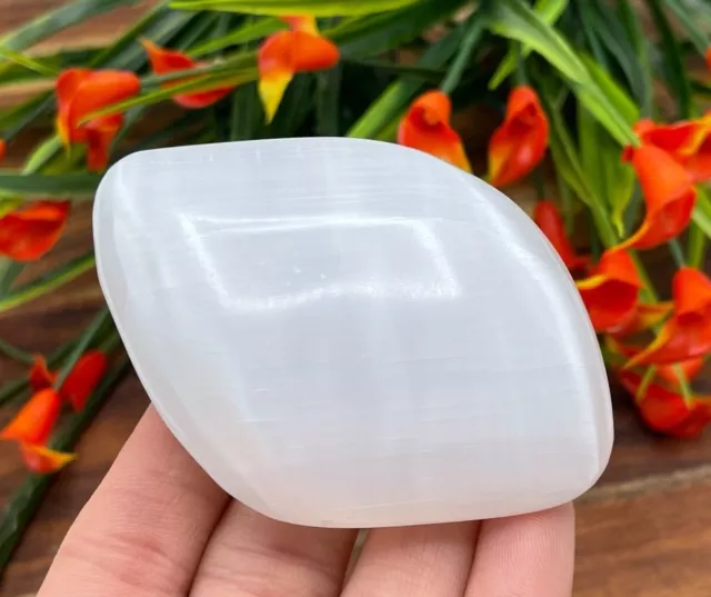 Selenite Palm Stone, Healing Crystal Soap Stone, 3" Worry Stone