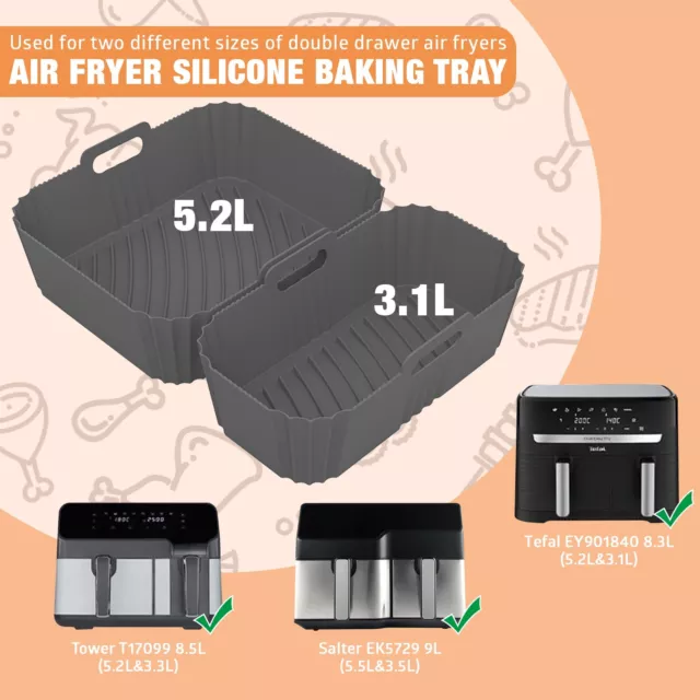 2PC Reusable Air Fryer Silicone Liners for Tefal Easy Fry 5.2L+3.1L,Tower Salter