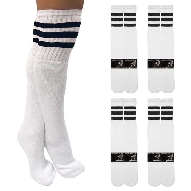 4 Paires Hauteur Genou Blanc Tube Chaussettes Noir Rayure Coton Long Sport 10-15