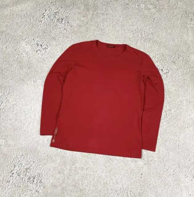 Prada Women's Vintage Red Tab Logo Long Sleeve T Shirt Top With Pocket Size XL
