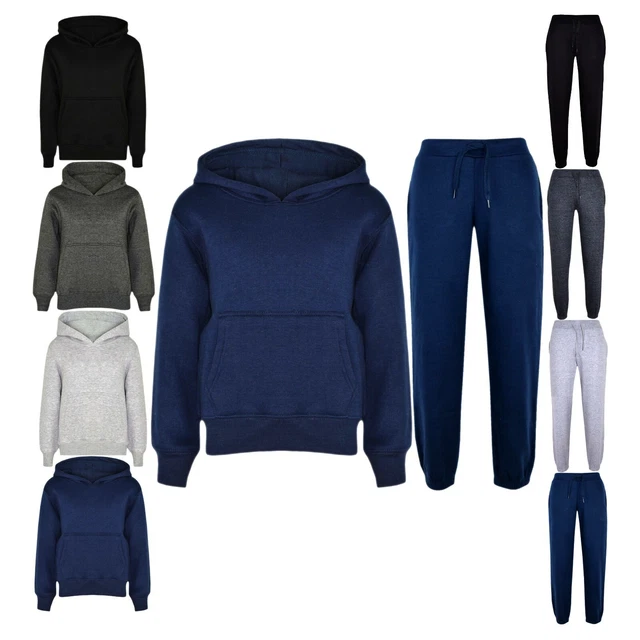 Boys Tracksuit Hoodie Plain Top Jogging Bottom School Jog Suit Fleece Pants Set