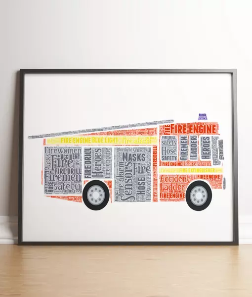 Personalised Fire Engine Word Art Print - Baby Child Nursery Fireman Gift