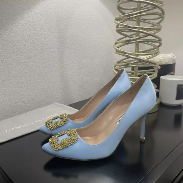 Manolo Blahnik Hangisi 70 Satin Crystal Buckle Light Blue 39