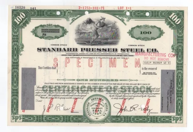 SPECIMEN - Standard Pressed Steel Co. Stock Certificate