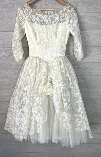Vtg 50s Wedding Party Dress Lace Tulle Fit & Flare Women's Scallop Hem