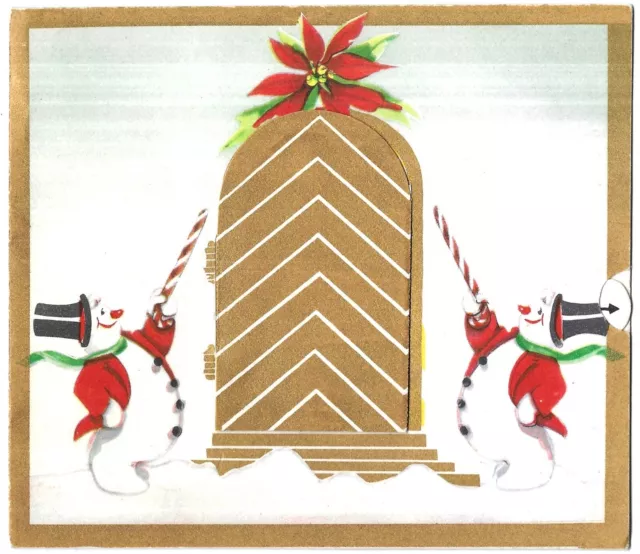 Vintage Christmas Mechanical Greetings Card Snowman Door Germany 1940s