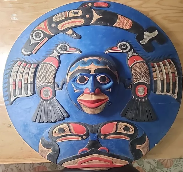 Pacific Northwest Coast Haida Style Carved Native Wood Tribal Whale Mask Plaque