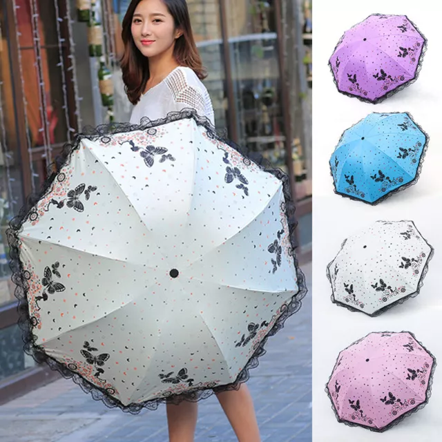 Ladies Lace Umbrella Rain Sun Anti-UV Parasol Folding Flower printing Portable