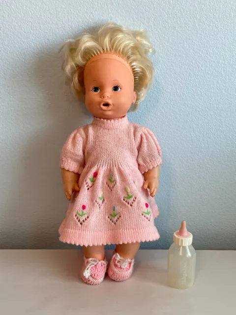 Vintage 1973 Kenner Baby Alive Doll Bottle Not Working Korea Knit Dress Booties