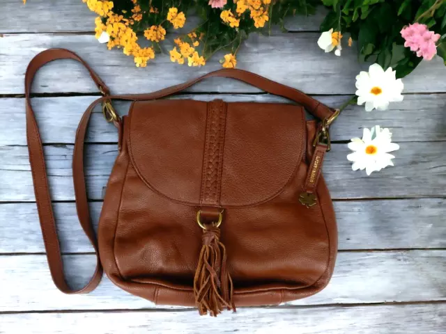 Lucky Brand Leather Crossbody Shoulder Bag Purse ALI Brown Leather Flap Tassel