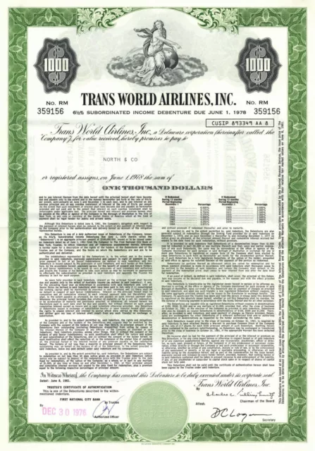 Trans World Airlines, Inc. - Commercial Airline Co. $1,000 Bond dated 1960's - A