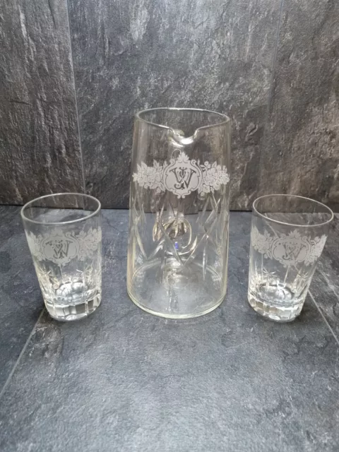 Edwardian lemonade jug with two glasses etched WJ 3