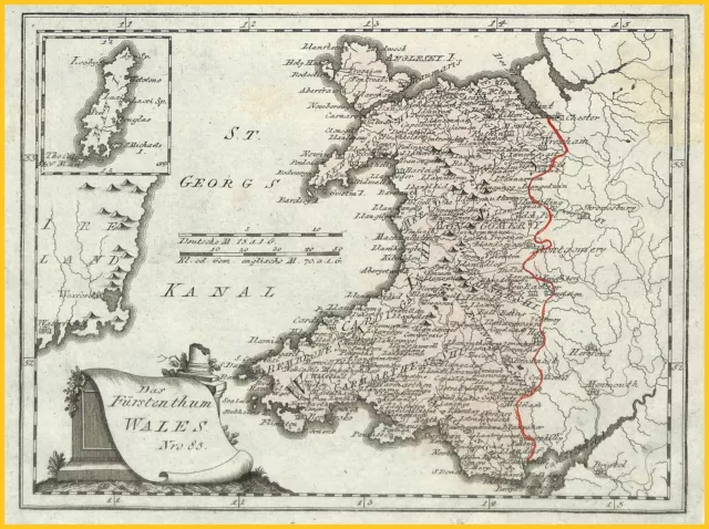WALES Landkarte von Reilly 1791 - ein sehr schönes dekoratives Original.