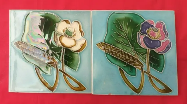 2 Piece Old Art Deco Flower Design Majolica Ceramic Tiles Belgium 0097