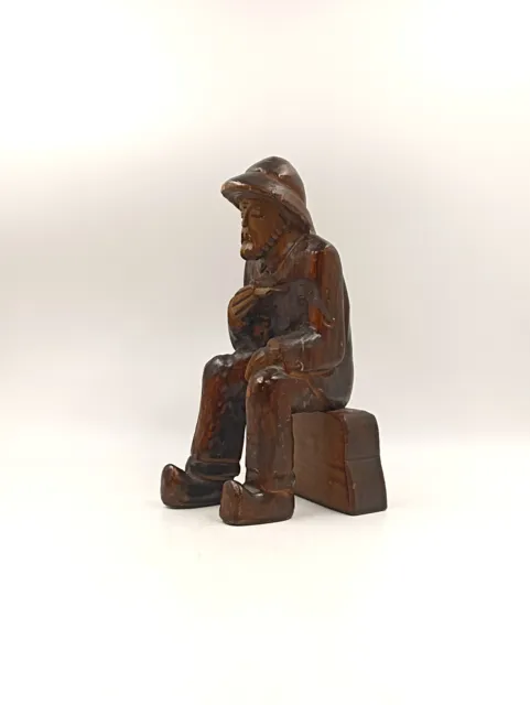 Sculpture statuette bois sculpté Fumeur de pipe Marin ou Paysan Art Populaire