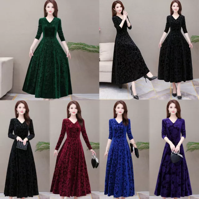 Femmes Velours Robe Maxi Longue Manches Cocktail Fête Balle Élégant # / , *