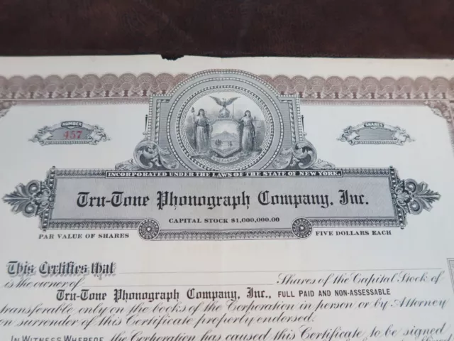 Vintage Tru-Tone Phonograph Company Inc Unissued New York Stock Certificate