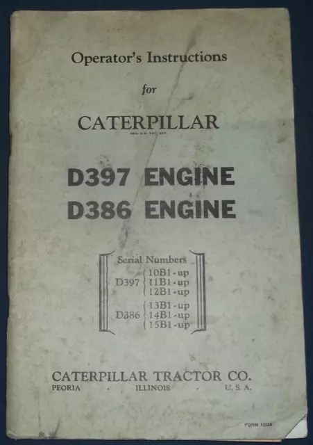 CAT Caterpillar D397 D386 Motore Operazione Cura Manuale S/N 10B Thru 15B