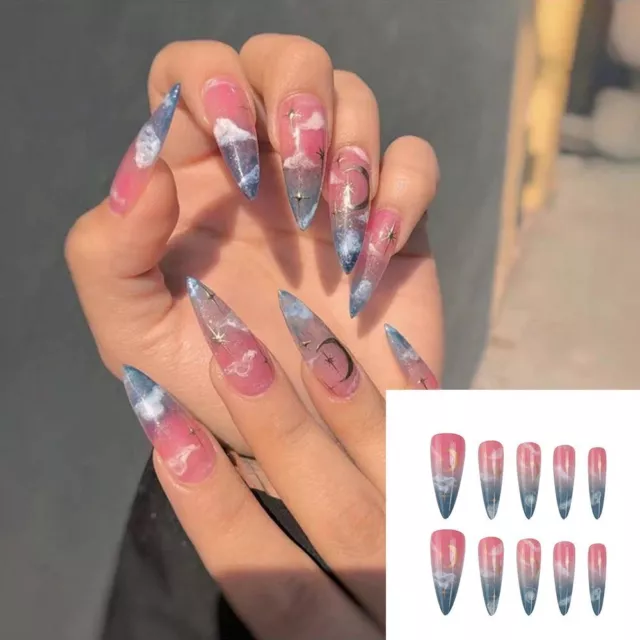 Full Cover Almond French False Nails Nail Tips Wearable Moon Star Fake Nails