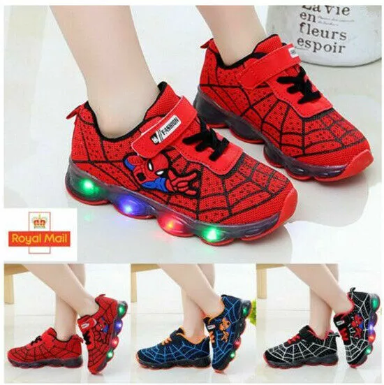 Children Kids Boys Girls Spiderman LED Trainers Shoes Flashing Light Up Sneakers