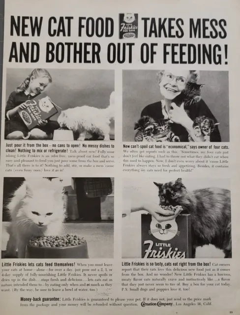 1963 Little Friskies Cat Food Just Pour It From Box No Cans To Open Vtg Print Ad