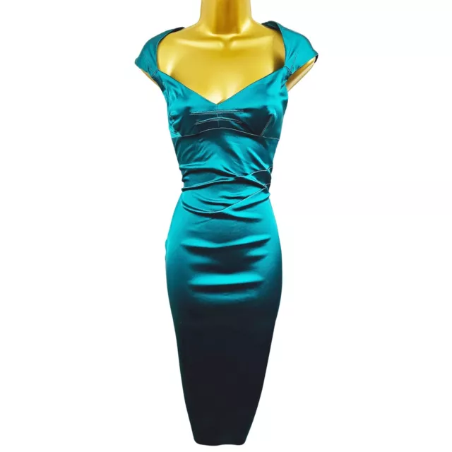 UK 10 KAREN MILLEN Vintage Turquoise Corset Satin Bodycon Pencil Dress Occasion