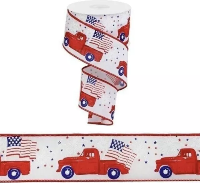 2.5" Red Vintage Patriotic Truck - Red Farm Truck Flag Wired Edge Ribbon (White)