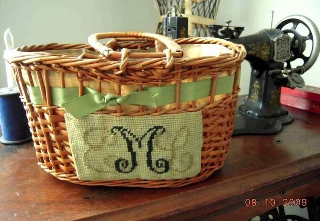 antique art craft SEWING BASKET needlepoint sampler monogrammed eml