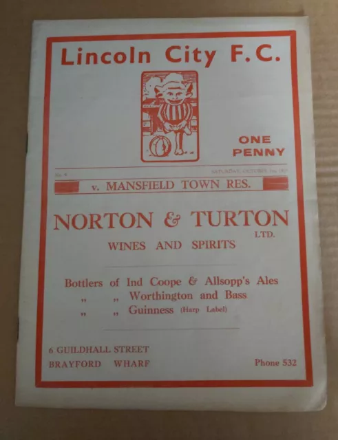 Lincoln City Res v Mansfield Town Res Sat Oct 1st 1938 Football Programme