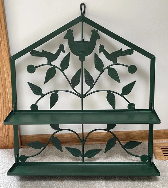 VTG Farmhouse Birds Leafs Green Iron Wall Hanging Folding 2 Tier Plant Shelf EUC