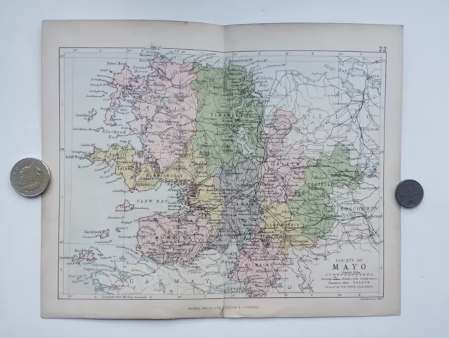 Antique County Map of MAYO , Ireland - Phillips Handy Atlas , 1882