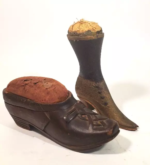 2 Antique Wooden Shoe Pin Cushions Hand Carved Folk Art Tall Boot Carved Shoe