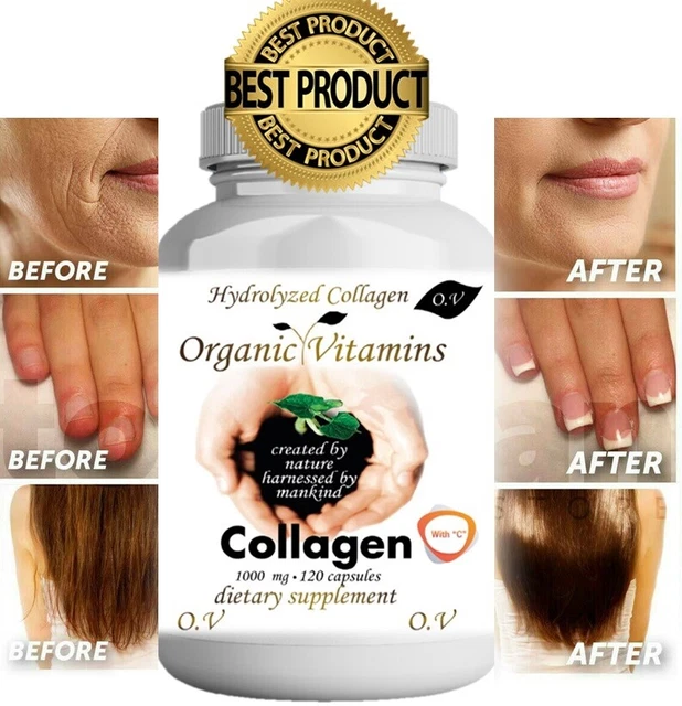 COLLAGEN VITAMIN C hydrolysate 120 capsules skin hair Pills AntiAging