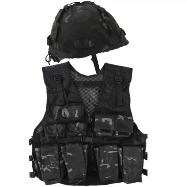 Boys Army Soldier Costume Kids Assault Vest Helmet Outfit Fancy Dress Black Camo