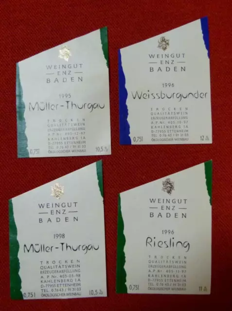 Weinetikett 1995-98er Baden Weingut Enz 4 verschiedene