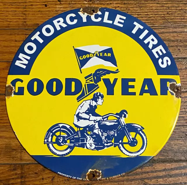 Goodyear Motorcycle Tires 12" Round Porcelain Enamel Gas Pump Plate Sign