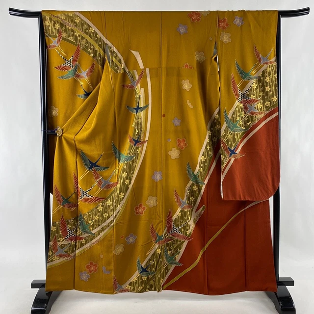 Japanese Silk Kimono Vintage Furisode Gold crane UME bright golden yellow 64in