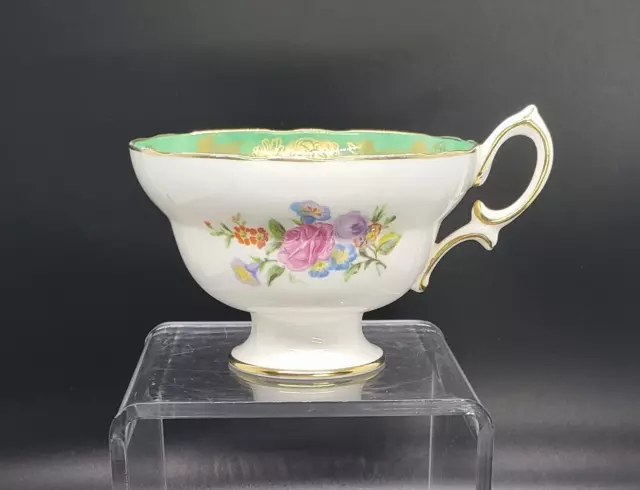 Vintage Hammersley Bone China Footed Scalloped Tea Cup Green-Gold-Floral Bouquet