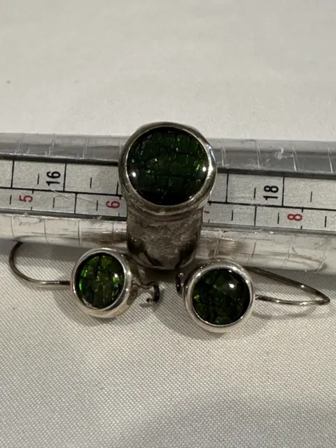 Estate sterling silver Set Ring & Earrings Green Emerald Stone Size 6.5 N6