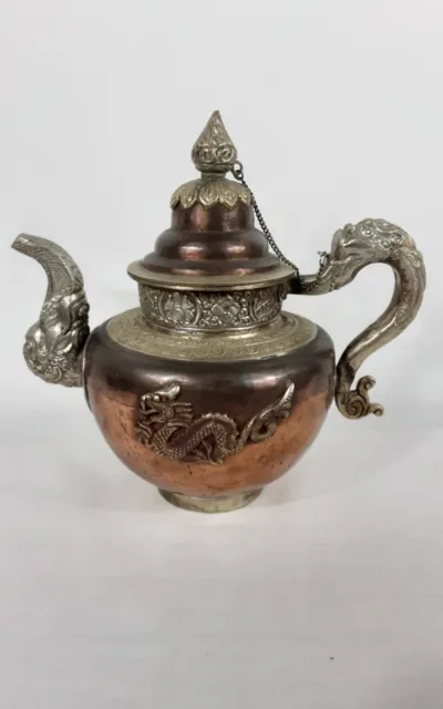Vtg.  Asian Oriental Dragon Tea Pot Cofee Brass Copper Embossed Metal Ornate