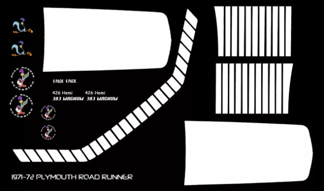 1971-72 Plymouth Road Runner Special Stripes 1/18th Scale Decals for Black Car