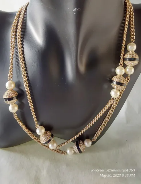 JCrew Necklace Double Strand 18" Black Fx Pearls Goldtone Chains Cpics C625