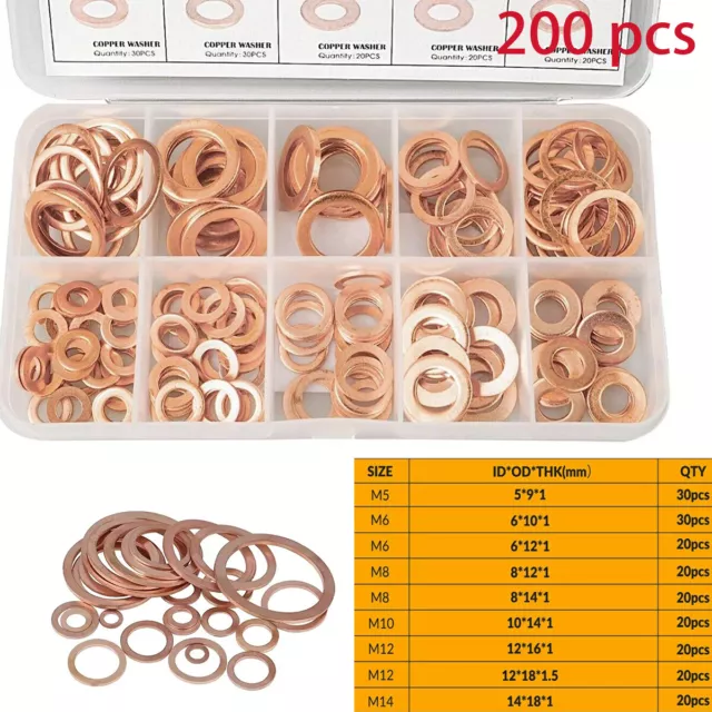 200Pcs Assorted Solid Copper Car Engine Washers Crush Seal Flat Ring Gasket Set
