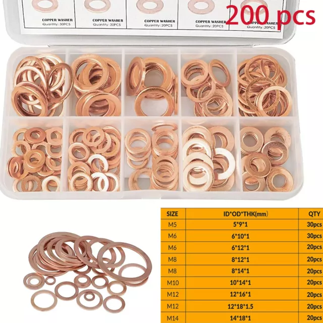 Car Engine Crush Washers Assorted Solid Copper 200 PCS Set Box Seal Flat Ring UK