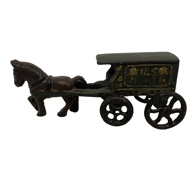 VINTAGE CAST IRON US Mail Brown Horse and Buggy Wagon Carriage Toy 21.