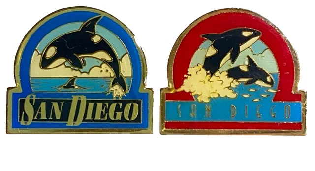 2 San Diego Orca Pins Epoxy Overlayed Red Blue Gold Tone