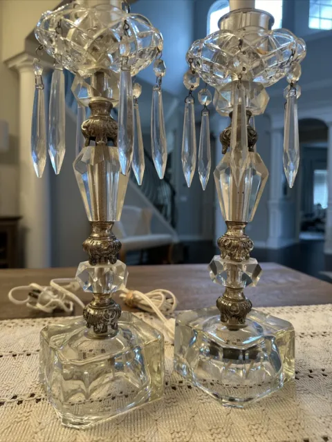 Pair of Vintage Glass Boudoir Table Lamp with Crystal Prisms.