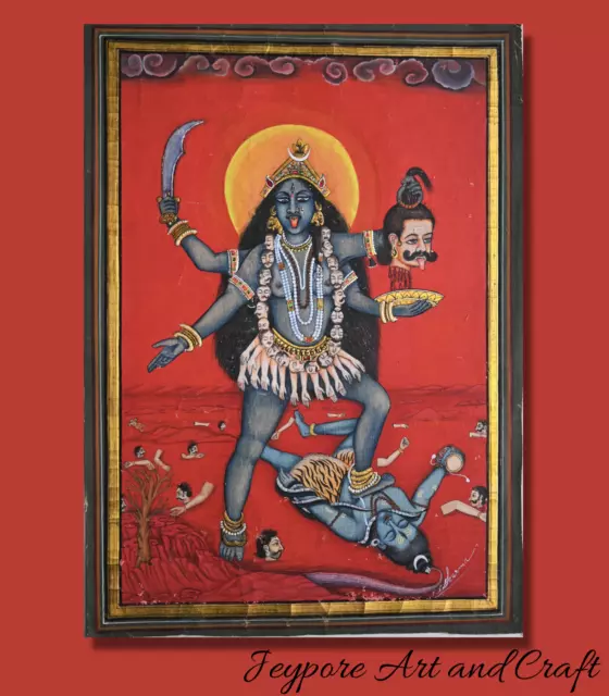 Kali Maa Diosa Raro Hecho a Mano Antiguo Miniatura Pintura En Algodón