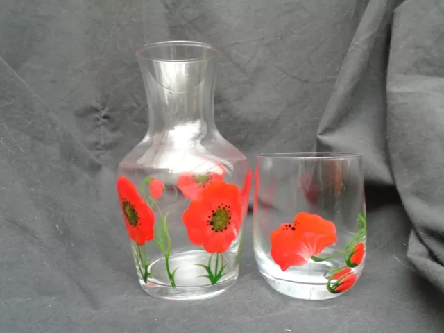 Vintage Glass Bedside Water Carafe and Glass Hand Painted Poppies 2